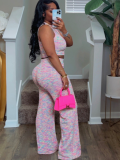 Pink Summer Sleeveless Printed Wide-Leg Trousers Two-Piece Set