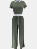 Green Ribbed Contrast Color Stitching Round Neck Short-Sleeved Trousers Two-Piece Set