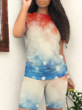 New Gradient Print Round Neck Short Sleeve Two Piece Suit