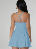 Blue Sexy Suspender Waist Solid Color Dress