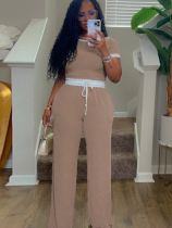Khaki Ribbed Contrast Color Stitching Round Neck Short-Sleeved Trousers Two-Piece Set