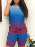 New Gradient Print Round Neck Short Sleeve Two Piece Suit