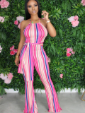 Rose Red Colorful Striped Slim Flared Pants Women's Suspender Jumpsuit
