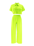 Fluorescent Green Lapel Short-Sleeved High-Waist Wide-Leg Trousers Two-Piece Suit