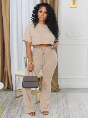 Khaki Crew Neck Top And Lace-Up Trousers Two-Piece Suit