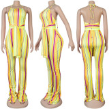 Yellow Colorful Striped Slim Flared Pants Women's Suspender Jumpsuit
