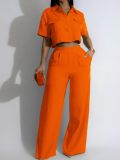 Orange Lapel Short-Sleeved High-Waist Wide-Leg Trousers Two-Piece Suit