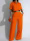 Orange Lapel Short-Sleeved High-Waist Wide-Leg Trousers Two-Piece Suit