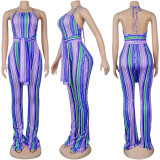 Blue Colorful Striped Slim Flared Pants Women's Suspender Jumpsuit