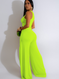 Fluorescent Green Fashion Casual Vest Slit Wide-Leg Pants Two-Piece Set