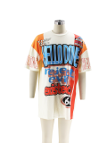 Off-White Round Neck Loose Letter Print Short-Sleeved T-Shirt