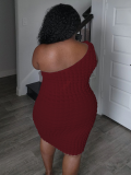 Wine Red Sexy Oblique Collar Solid Color Slim Hip Dress