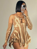 Khaki Halterneck Off-Shoulder Long-Sleeved Hollow Sexy Ruffle Dress