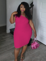 Rose Red Sexy Oblique Collar Solid Color Slim Hip Dress