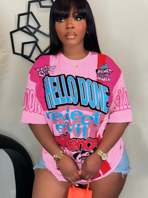 Pink Round Neck Loose Letter Print Short-Sleeved T-Shirt