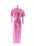 Pink Crew Neck Top And Lace-Up Trousers Two-Piece Suit