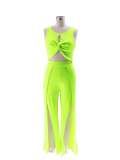 Fluorescent Green Fashion Casual Vest Slit Wide-Leg Pants Two-Piece Set