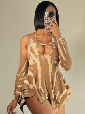 Khaki Halterneck Off-Shoulder Long-Sleeved Hollow Sexy Ruffle Dress