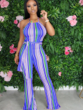Blue Colorful Striped Slim Flared Pants Women's Suspender Jumpsuit