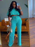 Sky Blue Crew Neck Top And Lace-Up Trousers Two-Piece Suit