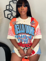 Off-White Round Neck Loose Letter Print Short-Sleeved T-Shirt