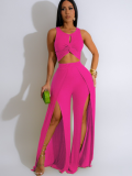 Rose Red Fashion Casual Vest Slit Wide-Leg Pants Two-Piece Set