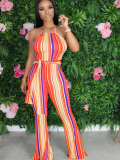 Orange Colorful Striped Slim Flared Pants Women's Suspender Jumpsuit