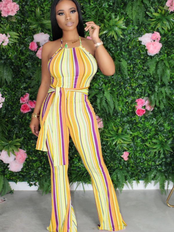 Yellow Colorful Striped Slim Flared Pants Women's Suspender Jumpsuit