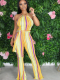 Yellow Colorful Striped Slim Flared Pants Women's Suspender Jumpsuit
