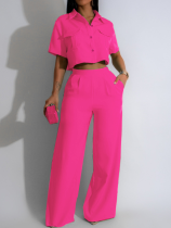 Rose Red Lapel Short-Sleeved High-Waist Wide-Leg Trousers Two-Piece Suit