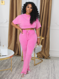 Pink Crew Neck Top And Lace-Up Trousers Two-Piece Suit
