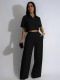Black Lapel Short-Sleeved High-Waist Wide-Leg Trousers Two-Piece Suit