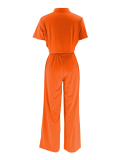 Orange Lapel Short-Sleeved High-Waist Wide-Leg Trousers Two-Piece Suit