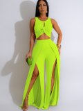 Fluorescent Green Fashion Casual Vest Slit Wide-Leg Pants Two-Piece Set