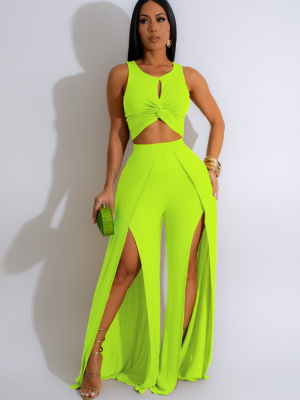 Fluorescent Green Fashion Casual Vest Slit Wide-Leg Pants Two-Piece Set