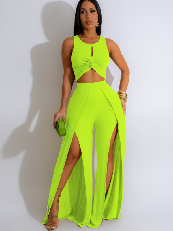Fluorescent Green Fashion Casual Vest Slit Wide-Leg Pants Two-Piece Set