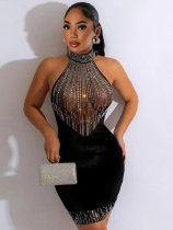 Black Mesh Perm Diamond Stitching Halter Neck Hip Dress