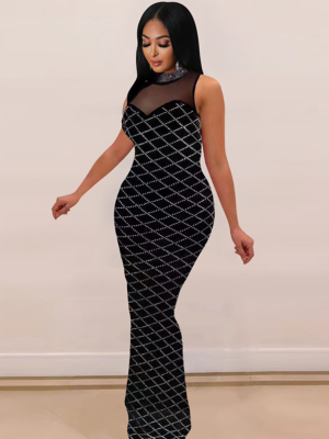 Black Hot Diamond Mesh Temperament Slim Sleeveless Banquet Evening Dress