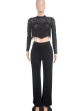 Black Summer Fashion Slim Round Neck Polka Dot Mesh Splicing Two-Piece Suit