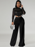Black Summer Fashion Slim Round Neck Polka Dot Mesh Splicing Two-Piece Suit