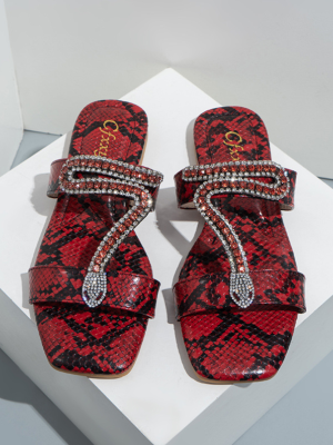 Red Fashionable Snakeskin Rhinestone Flat Slippers