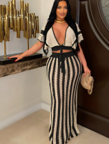 White Sexy V-Neck Hollow Striped Knitted Long Skirt Two-Piece Suit