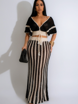 Black Sexy V-Neck Hollow Striped Knitted Long Skirt Two-Piece Suit