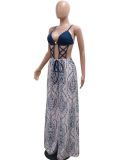 Blue Sexy Suspenders Lace-Up Loose Jumpsuit