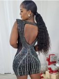 Black Deep V-Neck Sleeveless Permed Diamond Exposed Back Hip Dress