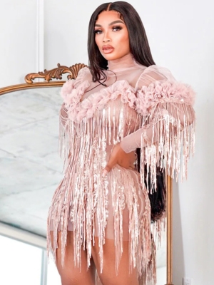 Sequined Tassel Mesh Splicing Long Sleeve Dress