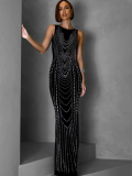 Black Fashion Round Neck Perm Diamond Sleeveless Hip-Wrapped Dress