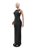 Black Fashion Round Neck Perm Diamond Sleeveless Hip-Wrapped Dress