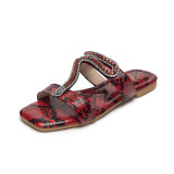 Red Fashionable Snakeskin Rhinestone Flat Slippers