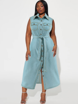 Fashionable Lapel Sleeveless Denim Strap Dress